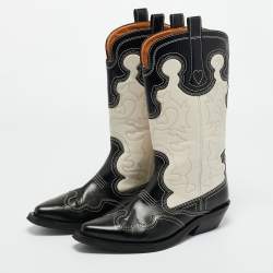 Pre Owned Ganni Black/Cream Leather Cowboy Boots Size 39