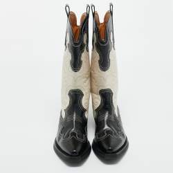 Pre Owned Ganni Black/Cream Leather Cowboy Boots Size 39
