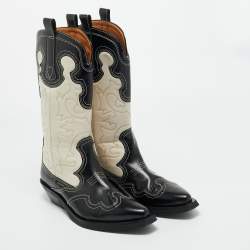 Pre Owned Ganni Black/Cream Leather Cowboy Boots Size 39