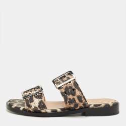 Pre Owned Ganni Brown Leopard Print Denim Feminine Buckle Sandals Size 38