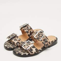 Pre Owned Ganni Brown Leopard Print Denim Feminine Buckle Sandals Size 38