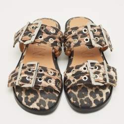 Pre Owned Ganni Brown Leopard Print Denim Feminine Buckle Sandals Size 38