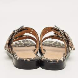 Pre Owned Ganni Brown Leopard Print Denim Feminine Buckle Sandals Size 38