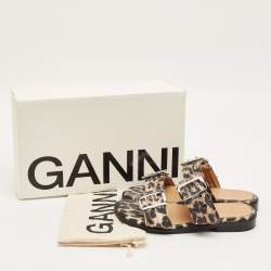 Pre Owned Ganni Brown Leopard Print Denim Feminine Buckle Sandals Size 38