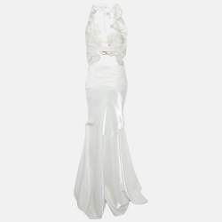 Pre Owned فستان جيني أبيض حرير ساتان تفاصيل أزهار طويلة بلامسات مقاس صغير - سمول