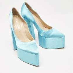 Georges Hobeika Blue Satin Platform Block Heel Pumps Size 39.5