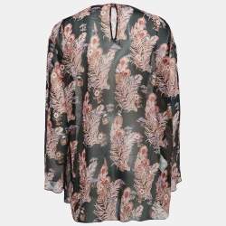 Giamba Black Feather-Floral Print Chiffon Ruffled Blouse L