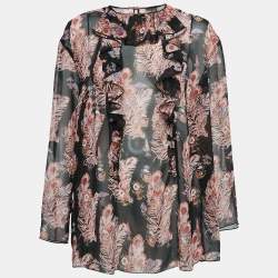 Giamba Black Feather-Floral Print Chiffon Ruffled Blouse L