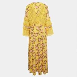 Giamba Yellow Floral Print Chiffon and Lace Cut-Out Maxi Dress M