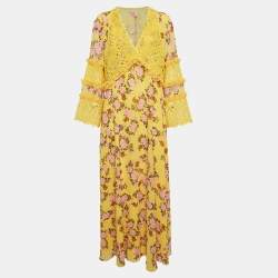 Giamba Yellow Floral Print Chiffon and Lace Cut-Out Maxi Dress M