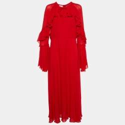 Giamba Red Crepe Ruffled Maxi Dress XL