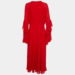 Giamba Red Crepe Ruffled Maxi Dress XL