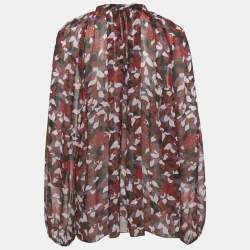 مملوكة مسبقًا بلوزة جيامبا حرير بطبعة زهور بورجوندي مقاس كبير (لارج)