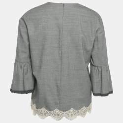 Pre Owned Giamba Grey Wool & Cotton Lace Detail Top S
