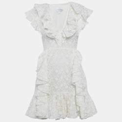 Pre Owned Giambattista Valli White Embroidered Silk Ruffled Mini Dress S