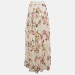 Giambattista Valli Off White Floral Print Chiffon Silk Maxi Skirt M