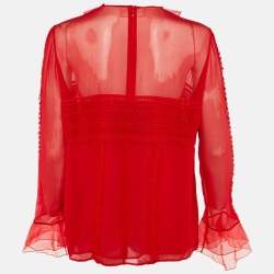 Pre Owned Giambattista Valli Red Silk Lace Detail Sheer Blouse XL