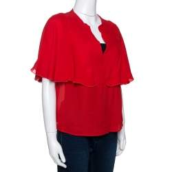 Giambattista Valli Red Crepe Ruffled Cape Detail Top M 