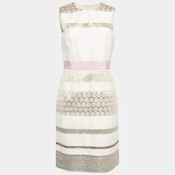Giambattista Valli Off White Lurex Brocade Striped Cotton Sleeveless Dress M