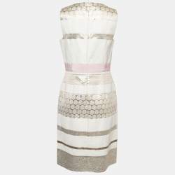 Giambattista Valli Off White Lurex Brocade Striped Cotton Sleeveless Dress M