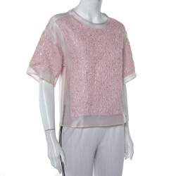 Pre Owned Giambattista Valli Pink Floral Lurex Jacquard & Knit Top S