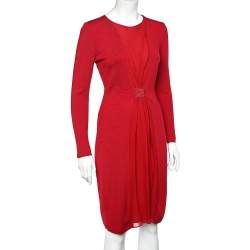 مملوكة مسبقًا فستان ميدي جيامباتيستا فالي حرير بطيات وصوف أحمر مقاس صغير جدًا - إكس سمول