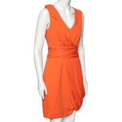 Giambattista Valli Orange Cotton Pleated Front Midi Dress M