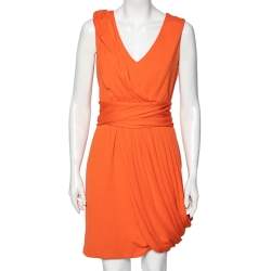 Giambattista Valli Orange Cotton Pleated Front Midi Dress M