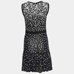Giambattista Valli Black and White Polka Printed Knit Flared Hem Detailed Midi Dress S