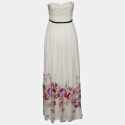 Pre Owned Giambattista Valli White Floral Printed Silk Strapless Gown M