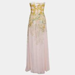 Pre Owned Giambattista Valli Pink Floral Printed Silk Lace Detail Strapless Maxi Dress S