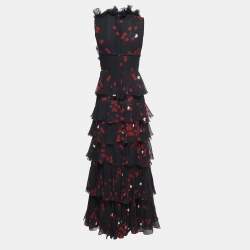 Giambattista Valli Black Strawberry Printed Silk Ruffle Detail Tiered Maxi Dress M