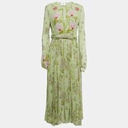 Giambattista Valli Light Green Floral Print Silk Long Sleeve Draped Gown M