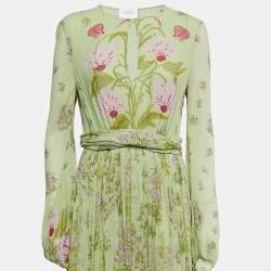 Giambattista Valli Light Green Floral Print Silk Long Sleeve Draped Gown M