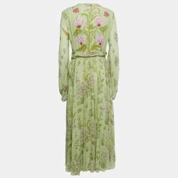 Giambattista Valli Light Green Floral Print Silk Long Sleeve Draped Gown M