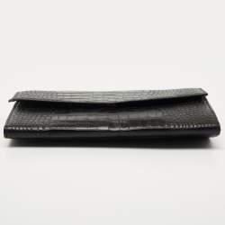 Gianfranco Ferre Black Croc Embossed Leather Envelope Flap Travel Organizer