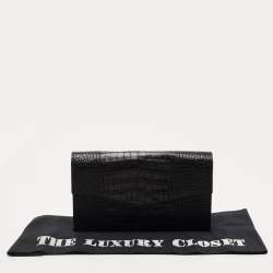 Gianfranco Ferre Black Croc Embossed Leather Envelope Flap Travel Organizer