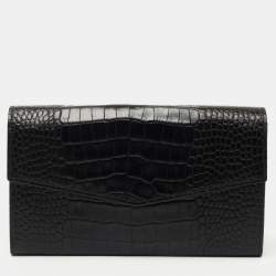 Gianfranco Ferre Black Croc Embossed Leather Envelope Flap Travel Organizer