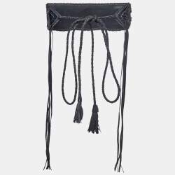 Gianfranco Ferre Navy Blue/Black Lasercut Leather and Ostrich Leg Fringe Corset Belt
