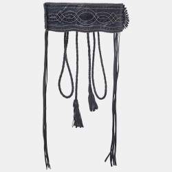 Gianfranco Ferre Navy Blue/Black Lasercut Leather and Ostrich Leg Fringe Corset Belt