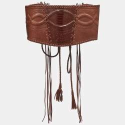 Gianfranco Ferre Brown Leather and Ostrich Braided Tassel Corset 