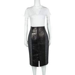 Pre Owned Gianfranco Ferre Grey Wool Contrast Leather Panel Detail Pencil Skirt M