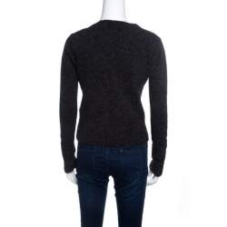 GF Ferre Grey Fuzzy Ribbed Trim V-Neck Embellished Sweater S