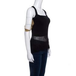 GF Ferre Metallic Black Scallop Lace Strap Detail Perforated Knit Top S