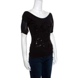 GF Ferre Black Sequin Embellished Plunge Back Neck Top XXS