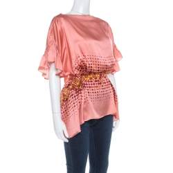 Gianfranco Ferre Peach Printed Silk Ruffle Sleeve Belted Blouse M