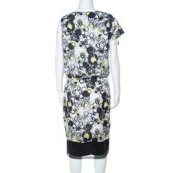 GF Ferre Multicolor circle Print Silk Lace Detail Asymmetric Shoulder Dress L