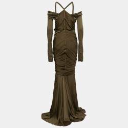 Pre Owned Gianfranco Ferre Olive Green Jersey Draped Cut Out Detail Maxi Dress XL