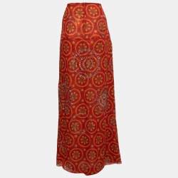 Gianfranco Ferre Vintage Red Printed Silk Embellished Maxi Skirt L