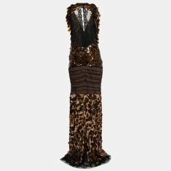 Pre Owned Gianfranco Ferre Vintage Brown Animal Print Chiffon Sequin-Embellished Long Dress L